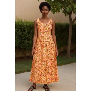Real Comfort A Line Floral Maxi Dress Size 10 Orange Sleeveless Summer